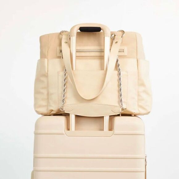 Beis The Baby Bag in Beige Buffalo Trim Vegan Leather 5 Pockets Gold Hardware - Picture 10 of 15